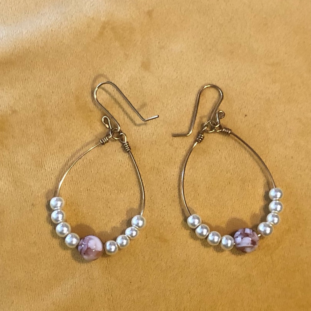 Gold Teardrop Earrings with Pink White Round Beads and Stone Accents Statement